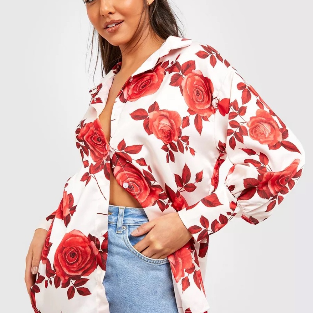 Floral Red and White Women's Top